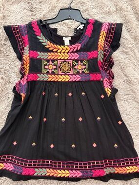 Vici Black Embroidered Flutter Sleeve Top with Pink, Yellow & Green Accents